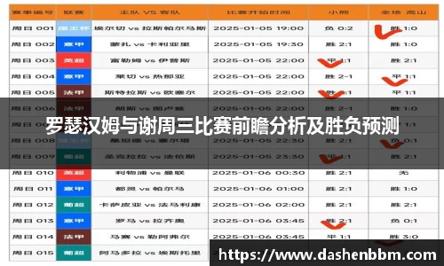 罗瑟汉姆与谢周三比赛前瞻分析及胜负预测